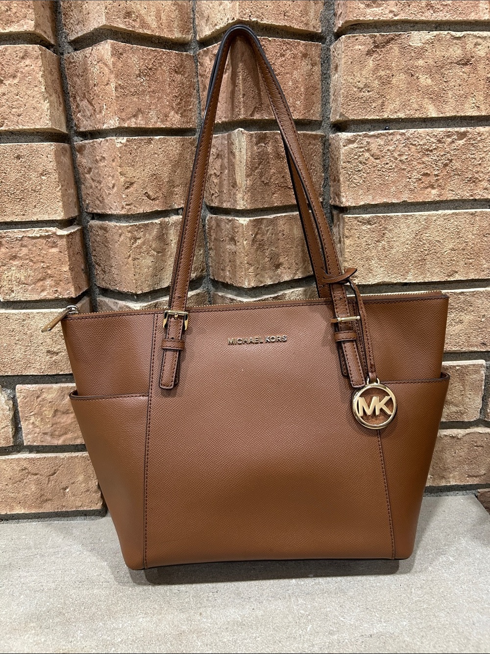 Michael Kors Brown Saffiano Leather Tote with Gold MK Charm